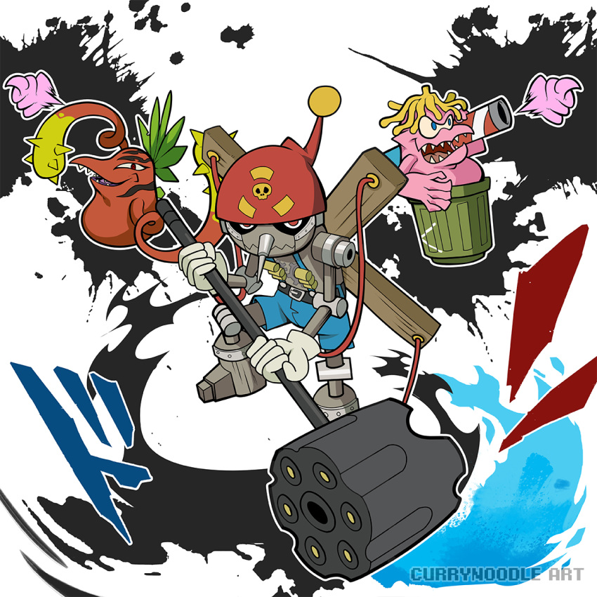 artist_name belt blue_eyes blue_shorts cable digimon digimon_adventure english_text firing gerbemon hammer hat highres holding holding_hammer holding_weapon inkblot looking_at_viewer monster no_humans open_mouth paint_splatter pinochimon poop red_eyes red_headwear redvegimon sharp_teeth shorts skull_print smile sound_effects splatter_background suspenders teeth throwing tongue trash_can watermark weapon yeo_yee_heng