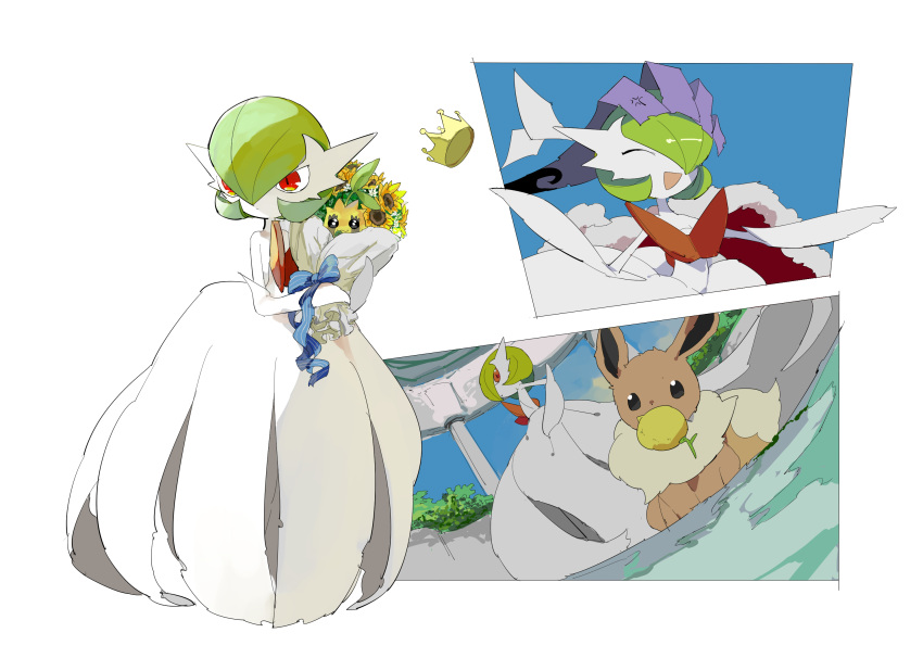 1girl :3 aegislash anger_vein apios1 bangs bare_shoulders berry_(pokemon) black_eyes black_sclera blank_eyes blue_bow blue_ribbon blue_sky bob_cut bouquet bow bush cape closed_eyes closed_mouth clouds commentary crown day dress dutch_angle eevee elbow_gloves expressionless fisheye flat_chest flower from_side full_body fur-trimmed_cape fur_trim gardevoir gen_1_pokemon gen_2_pokemon gen_3_pokemon gen_6_pokemon gloves green_hair hair_over_one_eye hand_on_another's_head hands_up happy highres indoors looking_at_another mega_gardevoir mega_pokemon mouth_hold multiple_views open_mouth pokemon pokemon_(creature) red_cape red_eyes ribbon shiny shiny_hair short_hair sitrus_berry sitting sky smile standing strapless strapless_dress striped striped_bow striped_ribbon sunflower sunkern upper_body white_dress white_eyes white_flower white_gloves yellow_flower yellow_headwear
