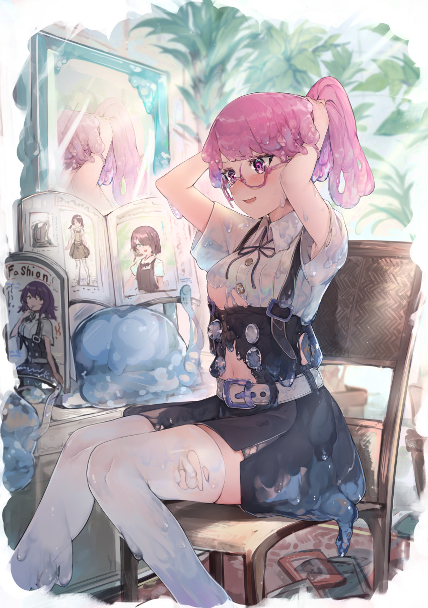 1girl absurdres arm_up bangs belt belt_buckle black_ribbon black_skirt blush book breasts buckle collared_shirt commentary_request dissolving_clothes dress_shirt eyebrows_visible_through_hair feet_out_of_frame glasses high-waist_skirt highres hiiragi_mikoto long_hair medium_breasts mirror monster_girl navel neck_ribbon no_bra on_chair open_book open_mouth original ponytail purple-framed_eyewear purple_hair reflection ribbon round_eyewear shirt short_sleeves sitting skirt slime_girl solo suspender_skirt suspenders thigh-highs tying_hair under_boob v-shaped_eyebrows violet_eyes wavy_mouth white_legwear white_shirt zettai_ryouiki