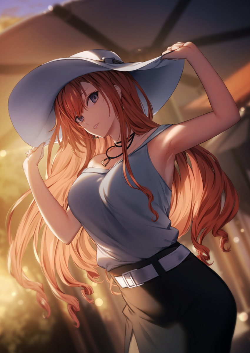 1girl arisugawa_natsuha armpits bangs bare_shoulders belt black_eyes black_skirt blouse blush breasts collarbone earrings genyaky hands_on_headwear hat highres idolmaster idolmaster_shiny_colors jewelry large_breasts long_hair looking_at_viewer necklace redhead skirt sleeveless_blouse smile solo sun_hat sunset