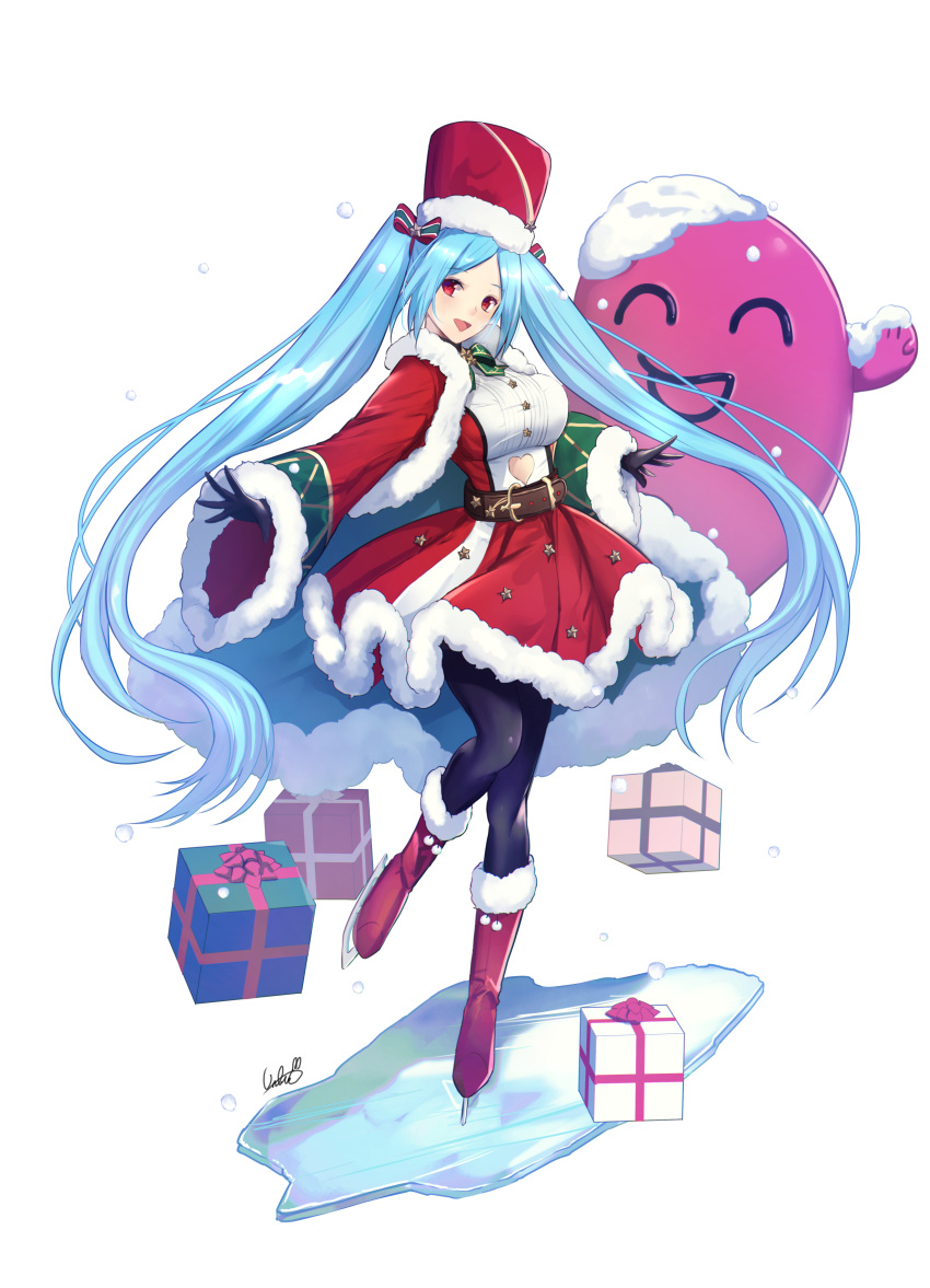 1girl :d absurdres belt black_gloves black_legwear blue_hair boots bow breasts christmas_gift clothing_cutout copyright_request full_body fur-trimmed_headwear fur_hat gloves hair_bow hat heart_cutout highres large_breasts long_hair long_sleeves looking_at_viewer open_mouth pantyhose red_eyes red_footwear red_skirt santa_boots santa_costume skirt smile solo stomach_cutout striped striped_bow twintails untue very_long_hair wide_sleeves