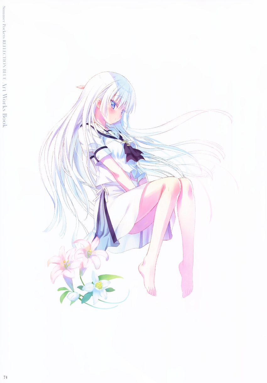 1girl absurdres bangs barefoot between_legs black_neckwear blush bow closed_mouth collared_shirt copyright_name eyebrows_visible_through_hair floating_hair flower full_body hair_between_eyes hair_bow hand_between_legs highres long_hair miniskirt na-ga naruse_shiroha official_art page_number pink_bow pleated_skirt sailor_collar sailor_shirt school_uniform shirt short_sleeves silver_hair simple_background skirt solo summer_pockets very_long_hair violet_eyes white_background white_flower white_sailor_collar white_shirt white_skirt