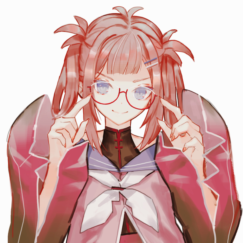 1girl atelier_live bespectacled blue_eyes glasses hair_ornament hair_rings hairclip highres kani_kanizawa looking_at_viewer pointing pointing_at_self red_nails short_eyebrows softmode solo v-shaped_eyebrows virtual_youtuber white_background