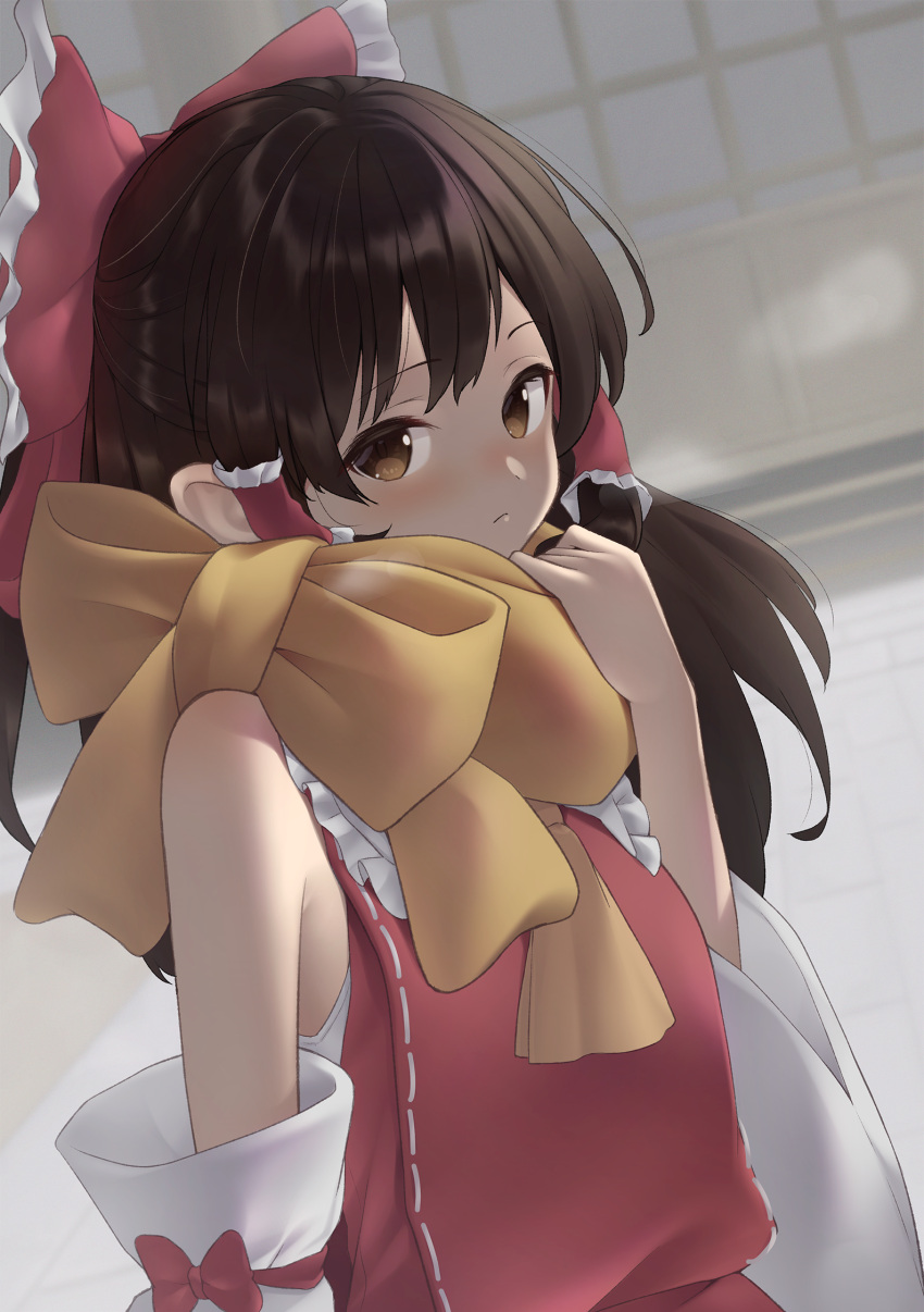 1girl :&lt; adapted_costume arm_garter armpit_crease bangs blurry blurry_background blush bow breath brown_eyes brown_hair closed_mouth detached_sleeves dress eyebrows_visible_through_hair frilled_bow frilled_shirt_collar frills hair_bow hair_tubes hakurei_reimu half_updo highres kanpa_(campagne_9) long_hair looking_at_viewer looking_to_the_side nose_blush outdoors ponytail red_bow red_dress ribbon-trimmed_dress sarashi scarf shouji sidelocks sleeve_bow sliding_doors solo touhou upper_body wide_sleeves winter winter_clothes yellow_bow yellow_neckwear yellow_scarf