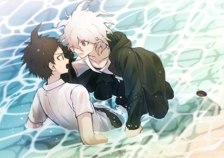 2boys black_pants brown_hair brown_pants closed_eyes coat collarbone collared_shirt commentary_request dangan_ronpa_(series) dangan_ronpa_2:_goodbye_despair eye_contact green_coat green_neckwear grey_hair hair_between_eyes highres hinata_hajime hood hoodie in_water komaeda_nagito long_sleeves looking_at_another male_focus multiple_boys necktie pants partially_submerged print_shirt shirt shoes short_sleeves takagiri water wet white_hair white_shirt wrist_grab