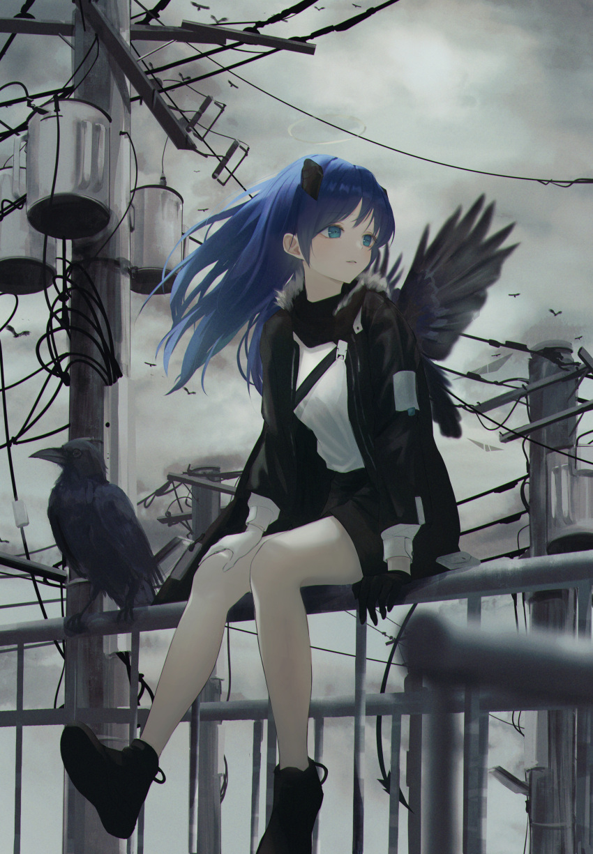 1girl 7ife absurdres alternate_costume animal ankle_boots arknights bangs bare_legs bird black_footwear black_gloves black_jacket black_scarf blue_eyes blue_hair boots clouds cloudy_sky commentary_request crow day demon_girl demon_horns demon_tail eyebrows_visible_through_hair full_body gloves halo highres horns jacket long_sleeves looking_away looking_to_the_side mismatched_gloves mostima_(arknights) on_railing open_clothes open_jacket outdoors parted_lips scarf shirt sitting sky smile solo tail utility_pole white_gloves white_shirt