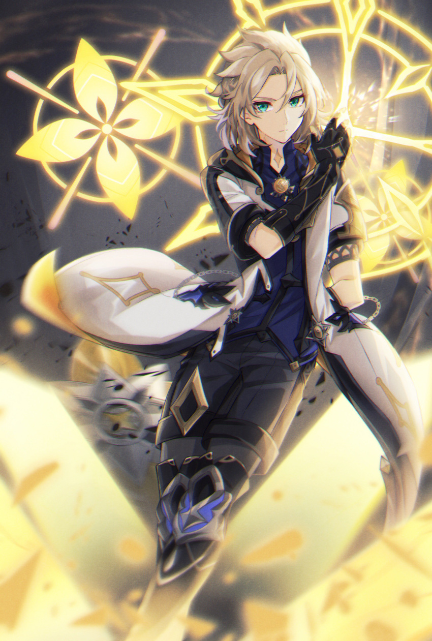 1boy absurdres albedo_(genshin_impact) bangs black_footwear black_gloves black_pants blonde_hair blue_shirt boots closed_mouth coat feet_out_of_frame genshin_impact gloves green_eyes grey_background hair_between_eyes hand_in_pocket hand_up highres knee_boots long_coat long_hair looking_at_viewer magic male_focus mizuamememe pants shirt short_sleeves solo standing white_coat