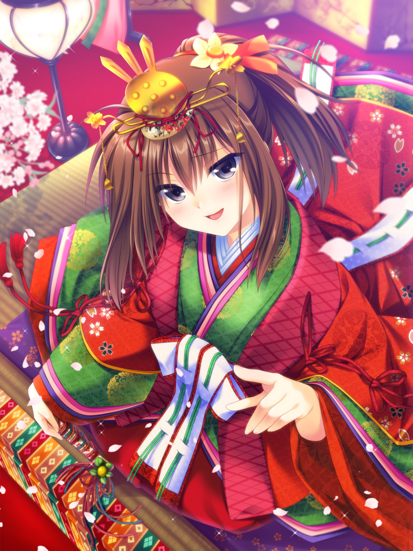 1girl :d angel_beats! bangs black_eyes blurry blurry_background blush brown_hair cherry_blossoms eyebrows_visible_through_hair from_above hair_between_eyes hair_ornament highres hisako_(angel_beats!) kneeling long_hair looking_at_viewer open_mouth ponytail satomi_yoshitaka shiny shiny_hair smile solo