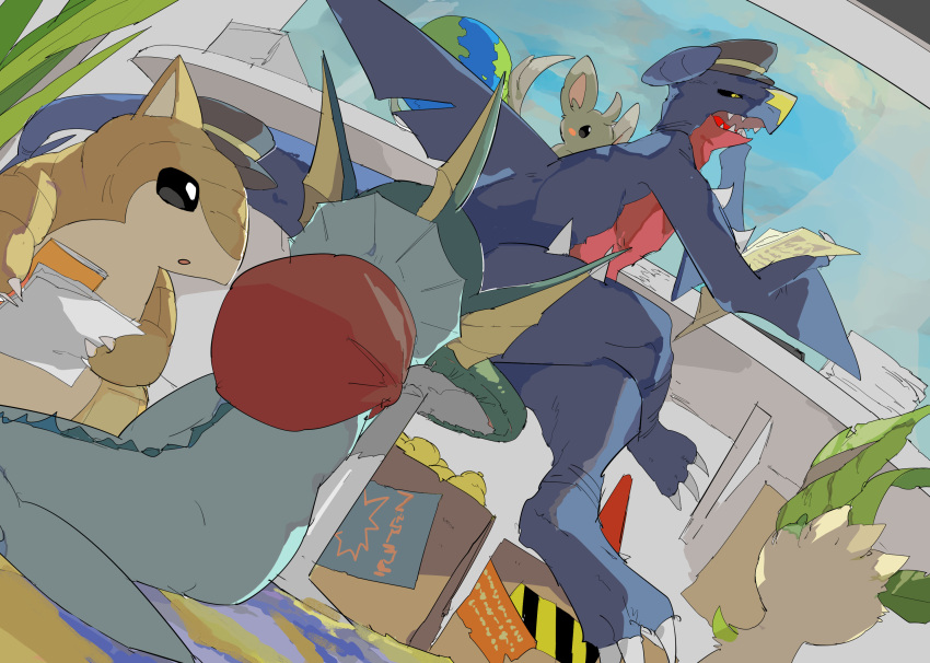 apios1 bag berry_(pokemon) black_eyes black_headwear black_sclera blank_eyes blue_sky blush_stickers book box claws clouds commentary crossed_legs day dragon dutch_angle from_behind garchomp gen_1_pokemon gen_4_pokemon gen_5_pokemon globe hands_up hat highres holding indoors leafeon looking_down minccino no_humans open_mouth paper pokemon pokemon_(creature) reading sandshrew sharp_teeth sitrus_berry sitting sky spikes stool table teeth vaporeon window yellow_eyes