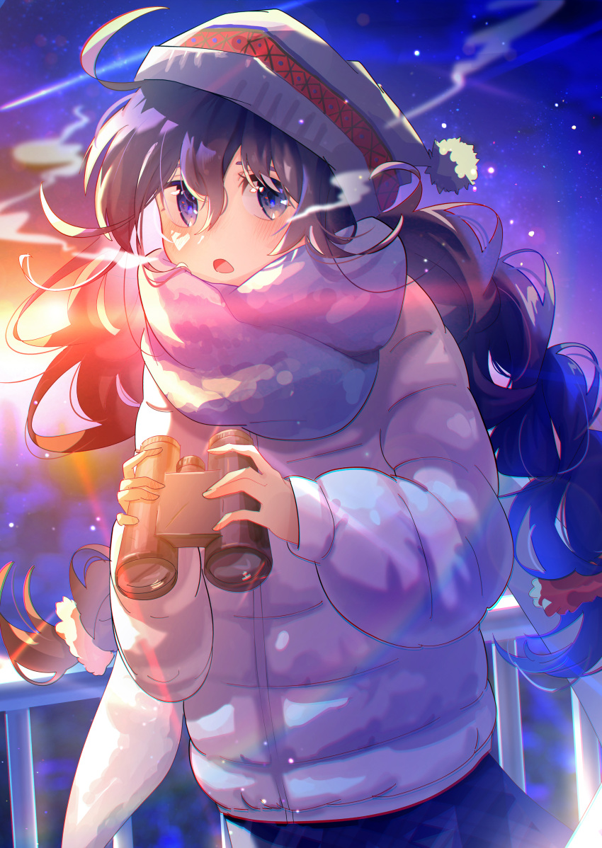 1girl absurdres binoculars black_hair blue_scarf braid hat highres holding holding_binoculars huge_filesize jacket light_particles long_hair long_sleeves open_mouth original puffer_jacket scarf sky solo star_(sky) starry_sky uukata visible_air white_jacket