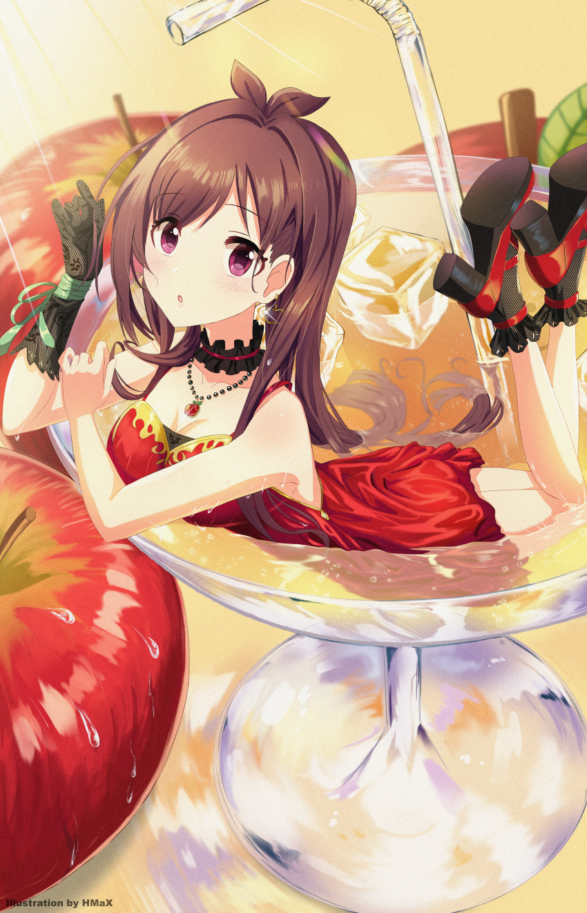 1girl absurdres ahoge antenna_hair apple apple_juice artist_name bangs black_choker black_footwear black_gloves blurry blurry_background blush brown_hair choker cup dress drinking_glass drinking_straw food fruit full_body gloves high_heels highres hmax huge_filesize idolmaster idolmaster_cinderella_girls in_container in_cup long_hair looking_at_viewer lying necktie on_stomach open_mouth oversized_object red_dress single_glove solo tsujino_akari violet_eyes watermark wine_glass