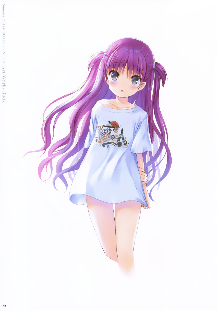1girl absurdres arm_behind_back bangs blush collarbone copyright_name cropped_legs eyebrows_visible_through_hair grey_eyes hair_between_eyes highres katou_umi long_hair looking_at_viewer na-ga naked_shirt off-shoulder_shirt off_shoulder official_art open_mouth page_number print_shirt purple_hair see-through_silhouette shiny shiny_hair shirt short_sleeves simple_background solo summer_pockets thigh_gap two_side_up very_long_hair white_background white_shirt