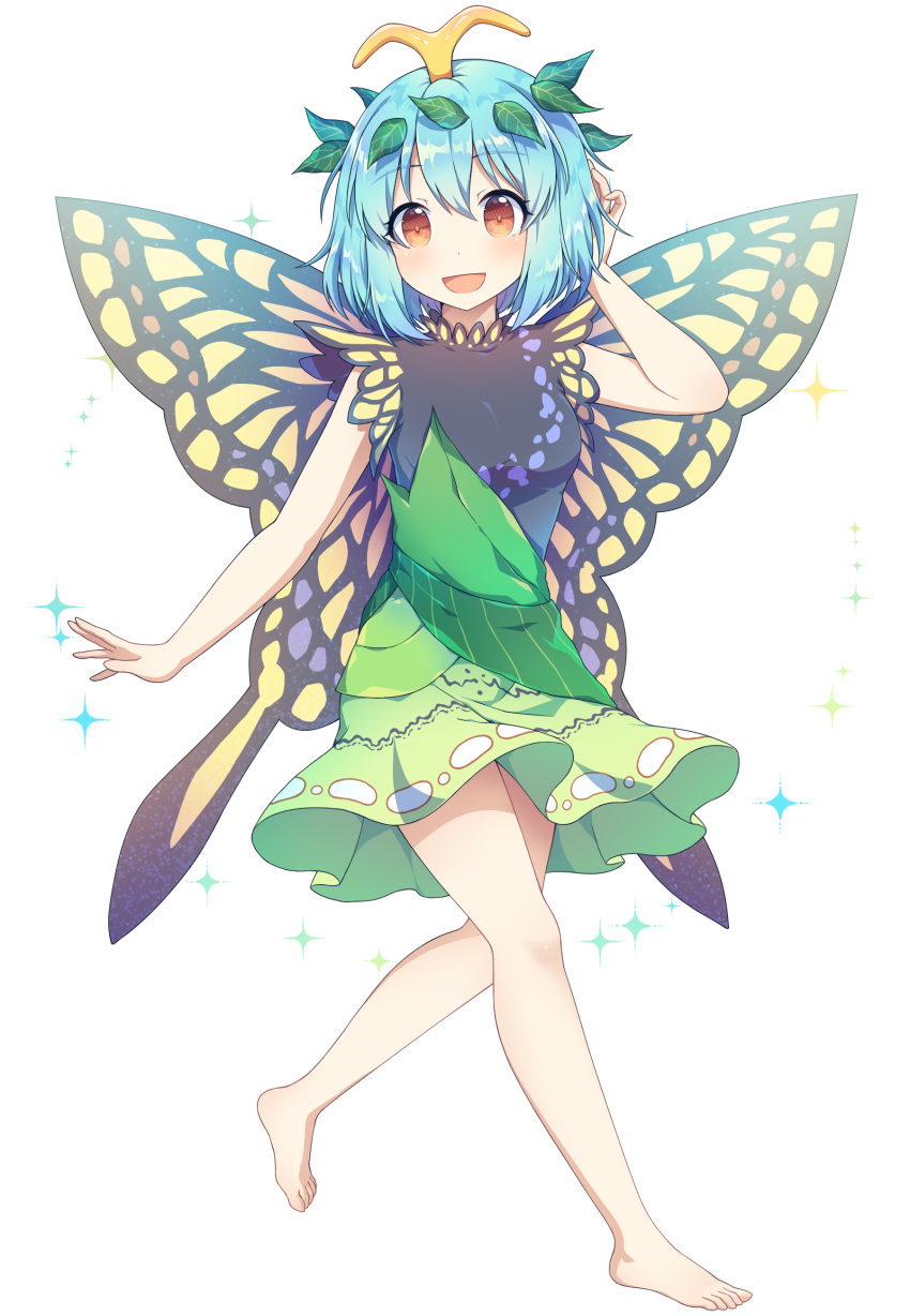 1girl :d absurdres antennae bangs barefoot blue_hair blush brown_eyes butterfly_wings caramell0501 commentary dress eternity_larva eyebrows_visible_through_hair full_body green_dress hair_between_eyes hair_ornament hand_up highres leaf_hair_ornament looking_at_viewer open_mouth pleated_dress simple_background sleeveless sleeveless_dress smile solo sparkle symbol_commentary touhou white_background wings