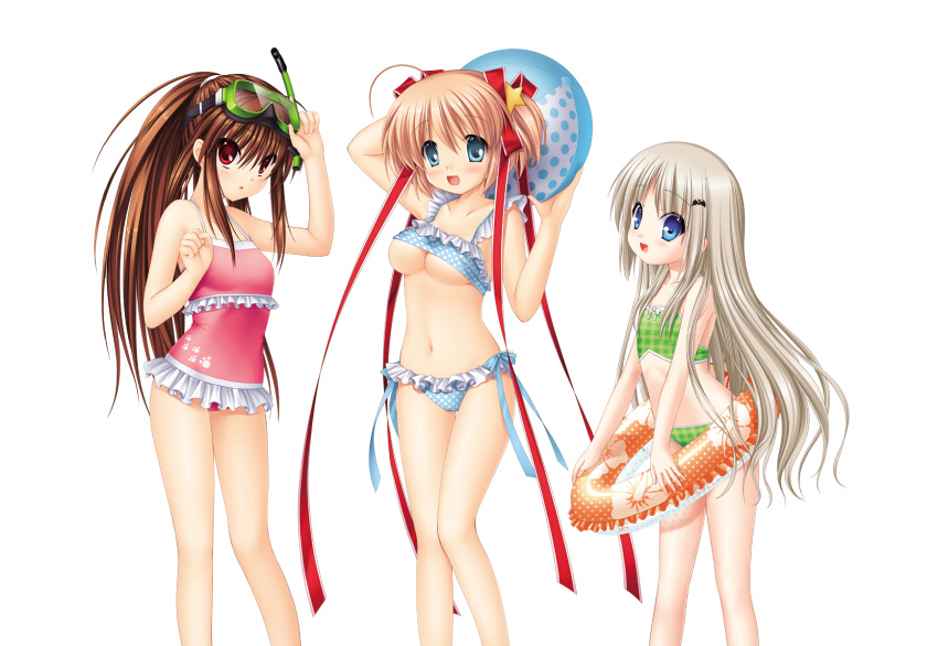 3girls :d arms_up ball bangs bat_hair_ornament beachball bikini blonde_hair blue_bikini blue_eyes blue_ribbon blush breasts brown_hair casual_one-piece_swimsuit collarbone eyebrows_visible_through_hair feet_out_of_frame flat_chest floating_hair frilled_bikini frilled_swimsuit frills green_bikini hair_between_eyes hair_ornament hair_ribbon high_ponytail highres hinoue_itaru holding holding_ball innertube kamikita_komari little_busters!! long_hair looking_at_viewer medium_breasts medium_hair multiple_girls na-ga natsume_rin noumi_kudryavka official_art one-piece_swimsuit open_mouth pink_swimsuit plaid plaid_bikini polka_dot polka_dot_bikini red_eyes red_ribbon ribbon side-tie_bikini silver_hair simple_background small_breasts smile standing star_(symbol) star_hair_ornament swimsuit thigh_gap under_boob very_long_hair white_background