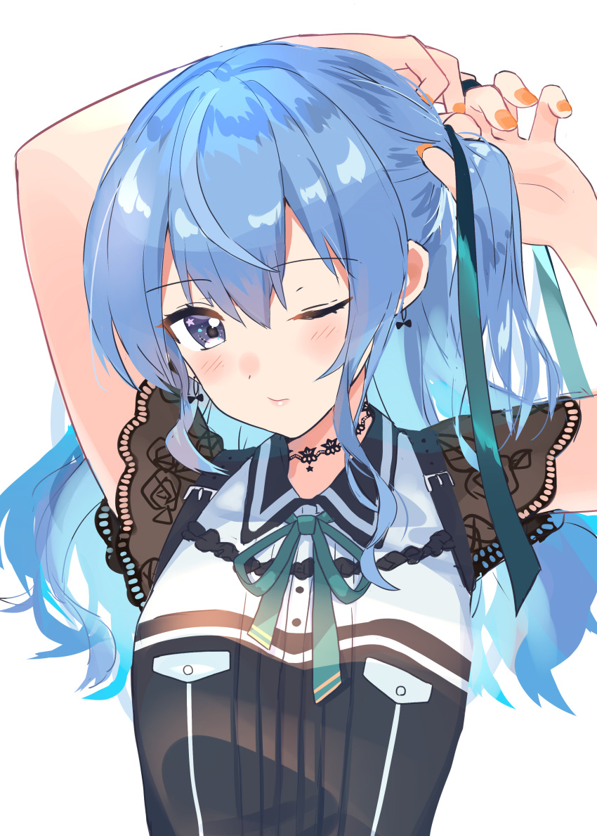 1girl absurdres aqua_neckwear aqua_ribbon arms_up asymmetrical_hair black_shirt blue_eyes blush breasts closed_mouth collared_shirt commentary earrings eyebrows_visible_through_hair hair_between_eyes highres hololive hoshimachi_suisei jewelry lace_trim light_blue_hair lips long_hair looking_at_viewer nail_polish neck_ribbon one_eye_closed orange_nails ribbon see-through_sleeves shirt side_ponytail simple_background small_breasts solo star_(symbol) star_in_eye symbol_in_eye tsumayouji_(tumayog) tying_hair upper_body virtual_youtuber white_background