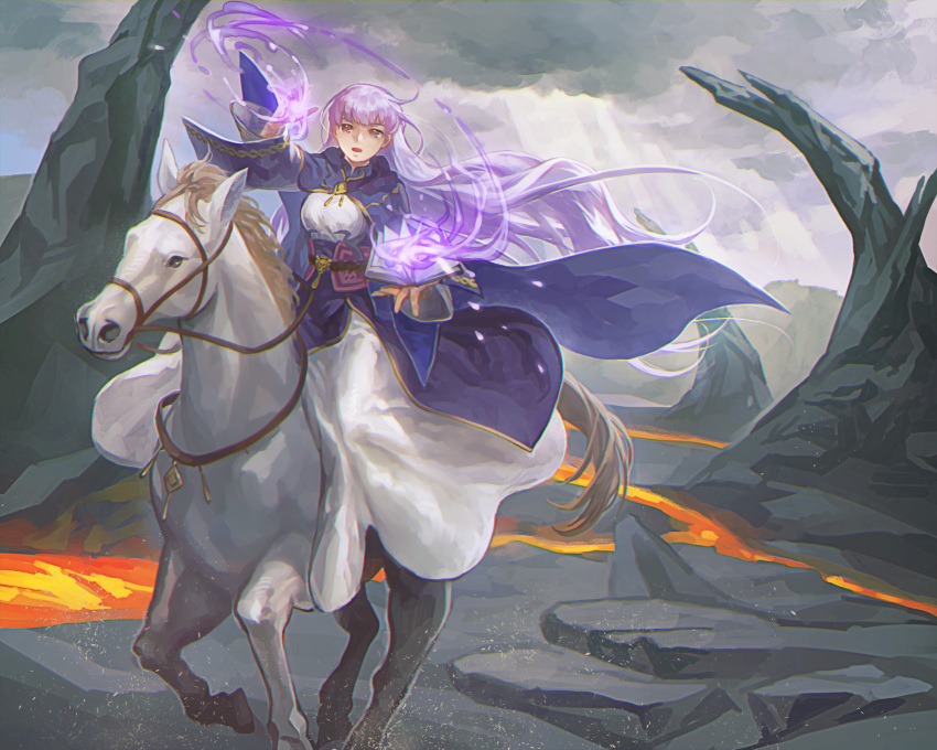 1girl absurdly_long_hair cloak clouds cloudy_sky commission commissioner_upload dress expressionless fire_emblem fire_emblem:_the_binding_blade hair_blowing highres horse long_hair magic molten_rock open_mouth picnicic purple_hair serious sky sophia_(fire_emblem) very_long_hair violet_eyes