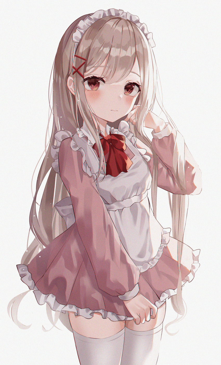 1girl absurdres apron blonde_hair blush closed_mouth commission eyebrows_visible_through_hair hair_between_eyes highres looking_at_viewer maid maid_apron maid_headdress original red_eyes sidelocks simple_background solo standing thigh-highs thighs white_background whitebc
