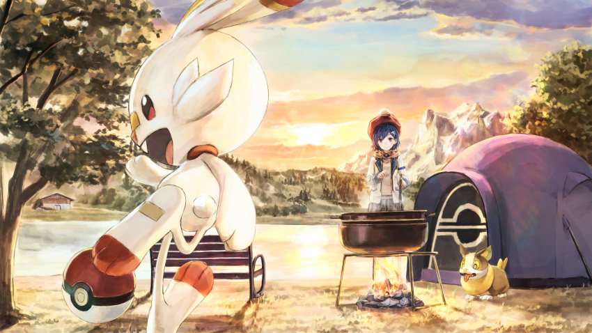 1girl 54cr bench blue_hair building campfire closed_mouth clouds commentary_request dolphin_hair_ornament fire gen_8_pokemon hat highres jacket long_sleeves nijisanji nishizono_chigusa outdoors poke_ball poke_ball_(basic) pokemon pokemon_(creature) pot red_headwear scorbunny sky smile standing sun tam_o'_shanter tent tree white_jacket yamper
