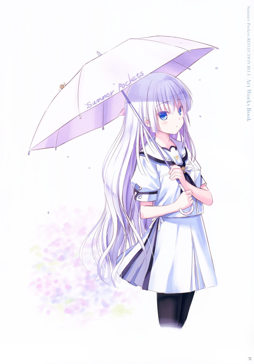 1girl absurdres bangs black_legwear blue_eyes blush closed_mouth copyright_name cropped_legs eyebrows_visible_through_hair hair_between_eyes highres holding holding_umbrella long_hair looking_at_viewer miniskirt na-ga naruse_shiroha official_art page_number pantyhose pleated_skirt sailor_collar school_uniform shirt short_sleeves silver_hair simple_background skirt solo standing summer_pockets umbrella very_long_hair white_background white_sailor_collar white_shirt white_skirt white_umbrella