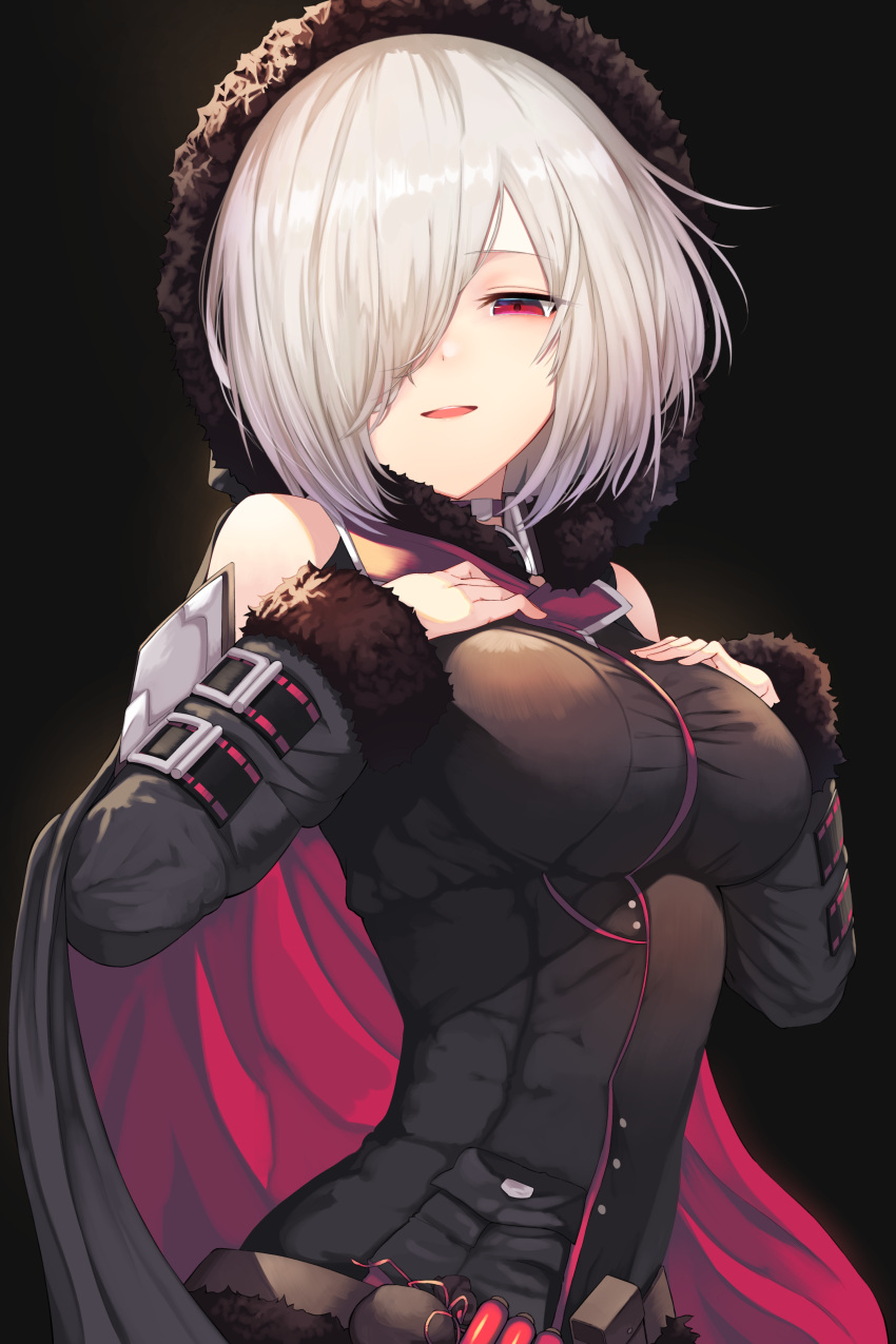 1girl absurdres black_background black_cape black_headwear breasts cape clothing_cutout fur-trimmed_sleeves fur_trim hair_over_one_eye half-closed_eyes hat highres long_sleeves looking_at_viewer medium_breasts open_mouth red_eyes shingeki_no_bahamut short_hair shoulder_cutout silver_hair simple_background skin_tight solo upper_body wizardess_of_oz yamato_(muchuu_paradigm)