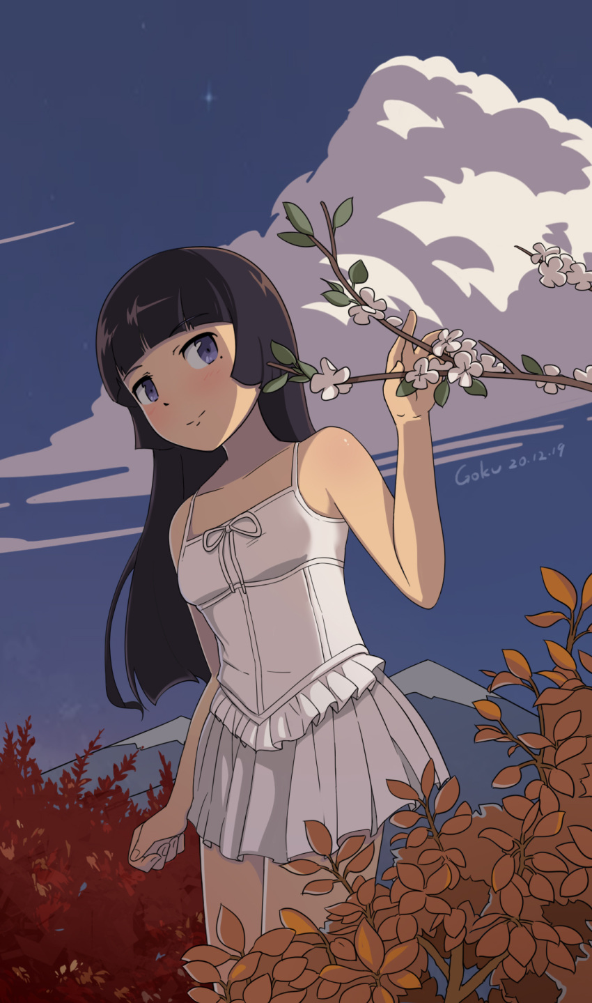 autumn_leaves black_hair blue_eyes clouds dress flower frilled_dress frills gokou_ruri highres hime_cut looking_at_viewer mole mole_under_eye mountainous_horizon nature ore_no_imouto_ga_konna_ni_kawaii_wake_ga_nai sky sleeveless smile solo sundress user_jyvn2527 white_dress