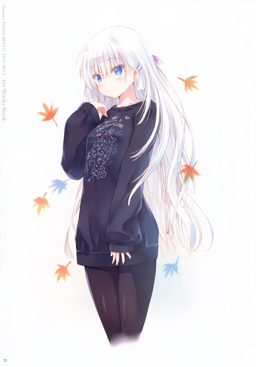 1girl absurdres autumn_leaves bangs black_legwear black_sweater blush bow closed_mouth collarbone copyright_name cropped_legs dress eyebrows_visible_through_hair hair_between_eyes hair_bow highres huge_filesize long_hair long_sleeves na-ga naruse_shiroha official_art page_number pantyhose pink_bow print_sweater silver_hair simple_background solo summer_pockets sweater sweater_dress very_long_hair white_background