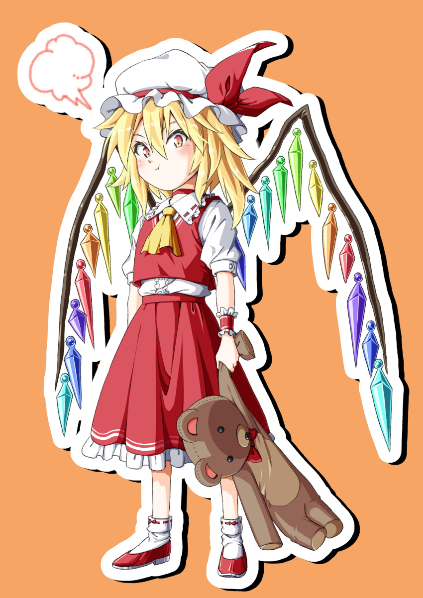 1girl :t =3 ascot blonde_hair blush bobby_socks center_frills choker closed_mouth crystal cuff_links dress_shirt flandre_scarlet frilled_cuffs frilled_shirt frilled_shirt_collar frilled_skirt frills full_body hair_between_eyes hat hat_ribbon highres holding holding_stuffed_toy inuno_rakugaki looking_at_viewer medium_hair mob_cap one_side_up outline pout puffy_short_sleeves puffy_sleeves red_choker red_footwear red_ribbon red_skirt red_vest ribbon ribbon-trimmed_collar ribbon-trimmed_legwear ribbon_trim shirt short_hair short_sleeves skirt skirt_set socks solo speech_bubble standing stuffed_animal stuffed_toy teddy_bear touhou vest white_headwear white_legwear white_shirt wings wrist_cuffs yellow_neckwear