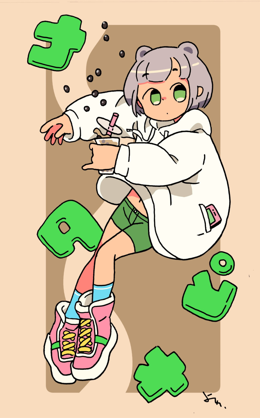 1girl absurdres bangs bubble_tea drawstring drink full_body green_eyes green_shorts grey_hair highres holding holding_drink hood hood_down hoodie long_sleeves midriff navel original phone pink_footwear shoes short_hair shorts solo white_hoodie yoineko