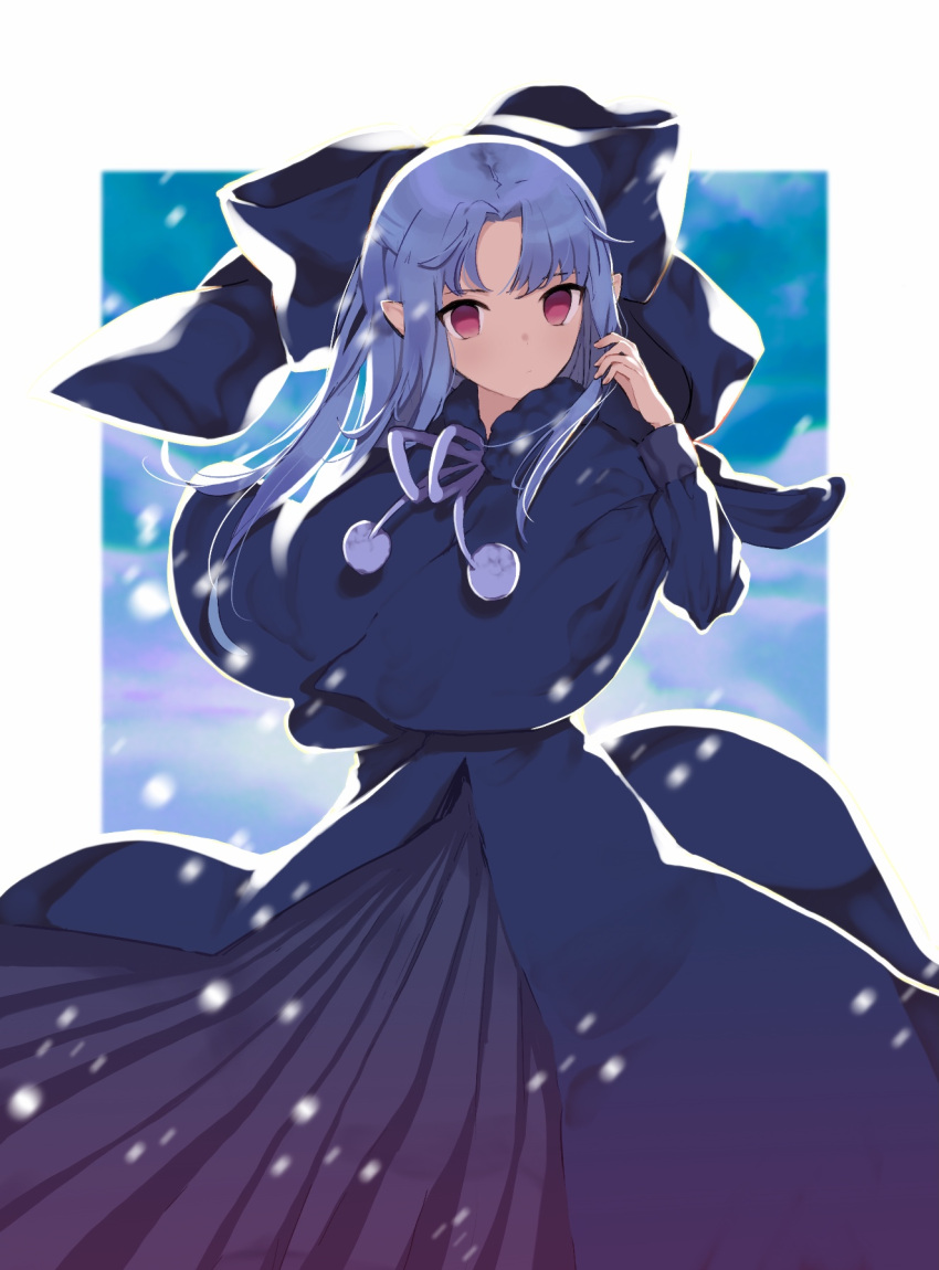 1girl bangs blue_bow blue_capelet blue_dress blue_hair bow capelet closed_mouth commentary_request dress empty_eyes eyebrows_visible_through_hair hair_bow hand_up highres len_(tsukihime) long_hair long_sleeves looking_at_viewer matsuoka_(mtok_0) parted_bangs pleated_dress pom_pom_(clothes) purple_ribbon red_eyes ribbon snowing solo tsukihime