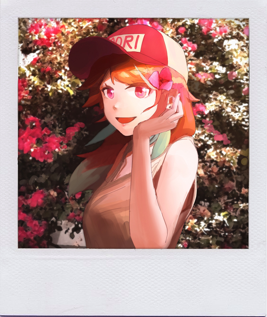1girl absurdres alternate_costume baseball_cap breasts bush earrings feather_earrings feathers flower gradient_hair green_hair hat highres hololive hololive_english jewelry looking_at_viewer medium_breasts multicolored_hair open_mouth orange_hair pink_eyes polaroid shirt sleeveless sleeveless_shirt solo takanashi_kiara vincent_wu virtual_youtuber