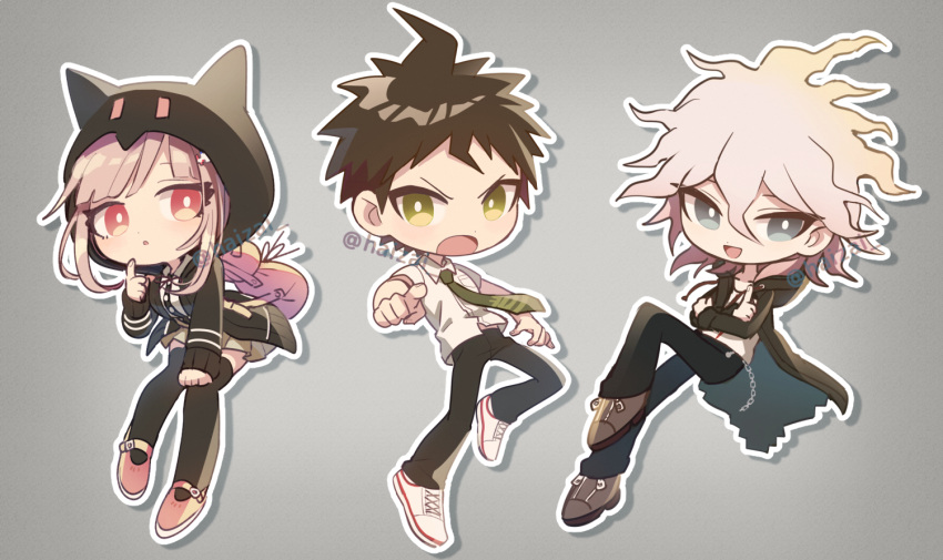 1girl 2boys backpack bag bangs black_jacket black_pants black_shirt brown_hair brown_pants cat_bag chain chibi commentary_request dangan_ronpa_(series) dangan_ronpa_2:_goodbye_despair green_eyes grey_hair hair_ornament hairclip hinata_hajime hood hood_up hooded_jacket hoodie jacket komaeda_nagito medium_hair multiple_boys nanami_chiaki necktie open_mouth pants pink_eyes pink_hair shirt short_hair takagiri thigh-highs two-tone_shirt white_shirt