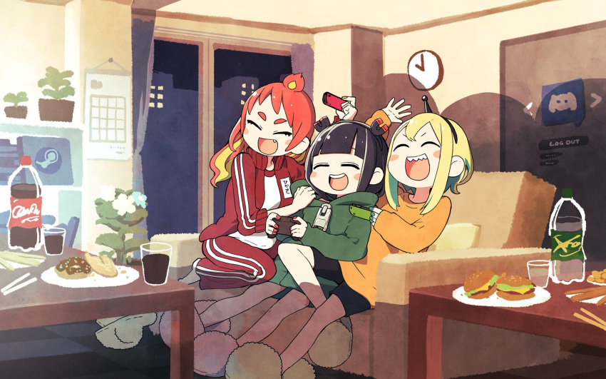 3girls amano_pikamee antennae arm_up bangs black_hair black_shorts blonde_hair blunt_bangs blush_stickers calendar_(object) chopsticks clock closed_eyes commentary controller couch cup discord doughnut fiery_hair food game_controller green_hoodie green_shorts gyari_(imagesdawn) hair_ornament hairband hamburger hand_on_another's_shoulder highres hikasa_tomoshika holding holding_controller holding_game_controller hood hoodie indoors jacket jitomi_monoe magnet medium_hair multiple_girls night orange_shirt pants plant plate potted_plant red_jacket red_pants redhead room shadow shelf shirt short_hair shorts slippers smile soda_bottle steam_(platform) thick_eyebrows track_jacket track_pants v-shaped_eyebrows voms wall_clock white_shirt zipper_pull_tab