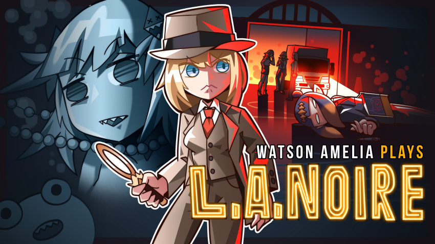 6+girls absurdres ao-chan_(ninomae_ina'nis) bangs blonde_hair bloop_(gawr_gura) blue_eyes blunt_bangs book breasts character_name cole_phelps cole_phelps_(cosplay) corpse cosplay enma-chan fedora formal gawr_gura hat highres hololive hololive_english holomyth james_choo jewelry l.a._noire looking_to_the_side medium_breasts mori_calliope multiple_girls necklace ninomae_ina'nis open_hand open_mouth parody pearl_necklace purple_hair sharp_teeth standing suit takanashi_kiara teeth v-shaped_eyebrows virtual_youtuber watson_amelia