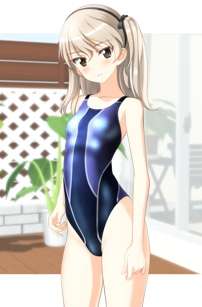 1girl absurdres black_hairband blue_swimsuit blurry breasts brown_eyes commentary_request competition_swimsuit cowboy_shot depth_of_field fence girls_und_panzer hairband head_tilt highres light_brown_hair long_hair looking_at_viewer one-piece_swimsuit one_side_up parted_lips plant potted_plant shimada_arisu small_breasts solo standing swimsuit takafumi
