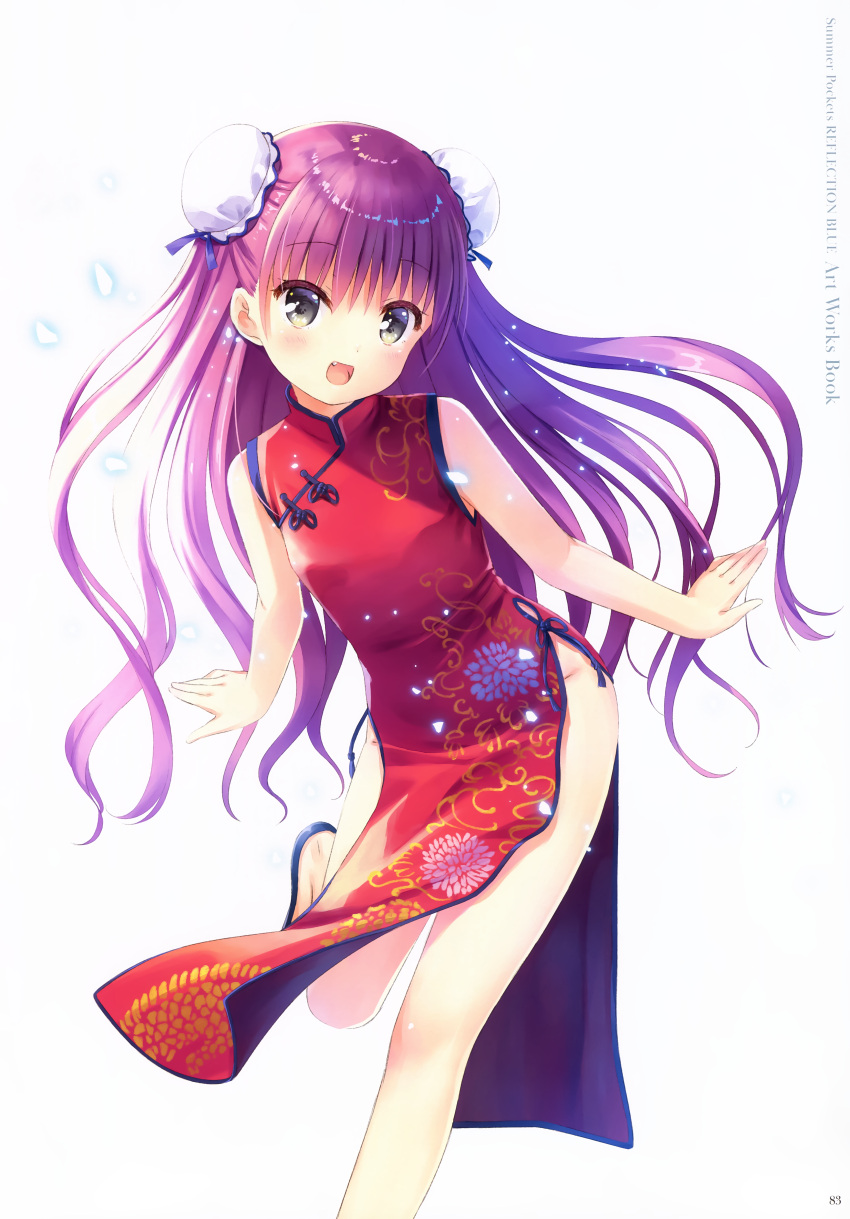 1girl :d absurdres bangs breasts bun_cover china_dress chinese_clothes copyright_name double_bun dress eyebrows_visible_through_hair fang floating_hair grey_eyes hair_between_eyes highres huge_filesize katou_umi leaning_to_the_side leg_up long_hair looking_at_viewer na-ga no_panties official_art open_mouth page_number print_dress purple_hair red_dress shiny shiny_hair side_slit simple_background sleeveless sleeveless_dress small_breasts smile solo standing standing_on_one_leg summer_pockets very_long_hair white_background