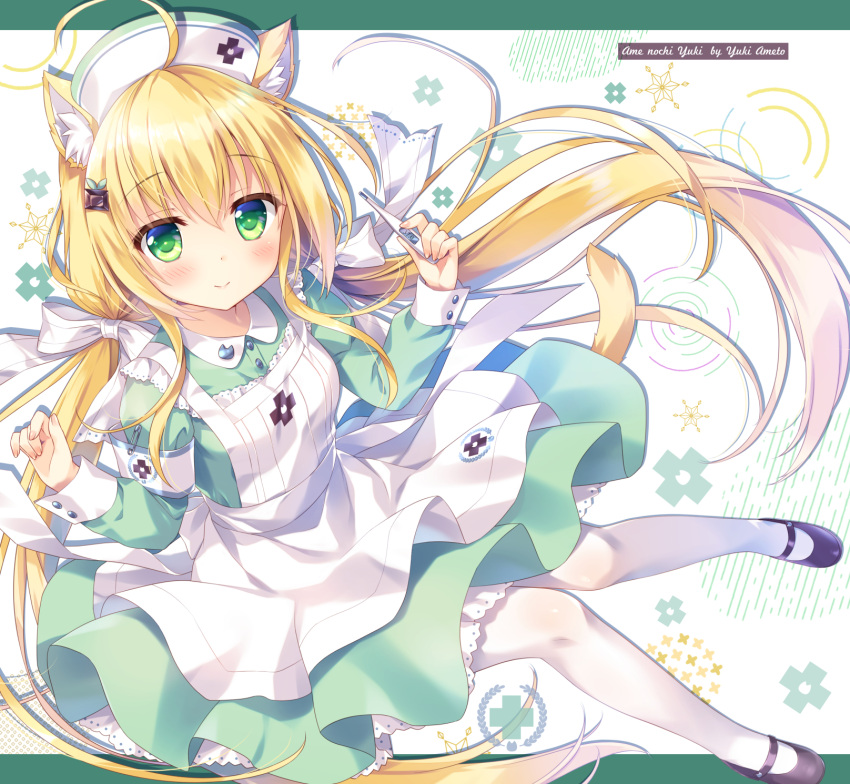 1girl ameto_yuki animal_ear_fluff animal_ears apron armband artist_name bangs black_footwear blonde_hair cat_ears closed_mouth commentary_request dress eyebrows_visible_through_hair green_dress green_eyes hair_between_eyes hands_up hat highres long_hair low_twintails nurse nurse_cap original pantyhose pleated_dress safety_pin shoes smile solo thermometer twintails very_long_hair white_apron white_headwear white_legwear