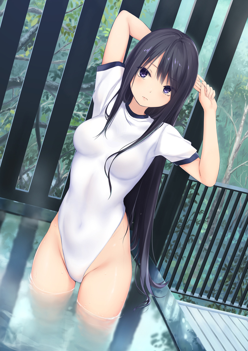 1girl arms_behind_head arms_up balcony bangs bath bathing black_hair blush breasts closed_mouth coffee-kizoku commentary_request cowboy_shot eyebrows_visible_through_hair groin highleg highleg_leotard highres leaf leotard long_hair looking_at_viewer medium_breasts original outdoors shiramine_rika short_sleeves solo standing stretch tree very_long_hair violet_eyes wading water wet