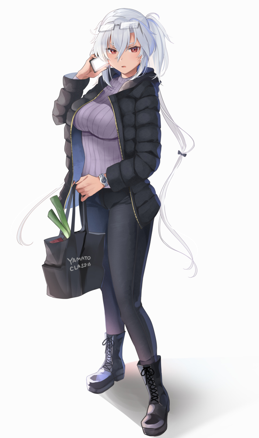 1girl absurdres bag blush boots breasts casual cellphone dark_skin eyewear_on_head full_body glasses grey_jacket grey_pants handbag highres jacket kantai_collection large_breasts long_hair looking_at_viewer musashi_(kantai_collection) open_mouth pants phone purple_sweater red_eyes silver_hair simple_background smartphone solo sweater watch watch white_background yunamaro