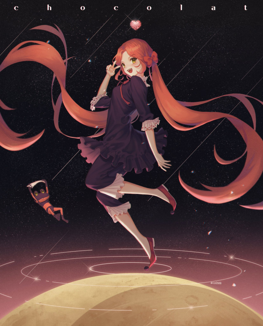 1girl black_dress bow breasts character_name dress duke_(sugar_sugar_rune) floating frog gem hair_bow heart highres korean_commentary long_hair looking_at_viewer medium_breasts meilleure_chocolat older open_mouth planet red_bow redhead solo_focus sugar_sugar_rune susu_(co0580) twintails v yellow_eyes