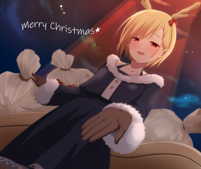 1girl alternate_costume bag bangs black_dress blonde_hair blurry blurry_background brown_gloves christmas collarbone commentary_request dragon_horns dress dutch_angle english_text feet_out_of_frame flat_chest fog fur_trim gloves hair_between_eyes half-closed_eyes highres horn_ornament horn_ribbon horns kicchou_yachie looking_at_viewer looking_down nnyara red_eyes red_ribbon ribbon short_hair sleigh solo standing touhou