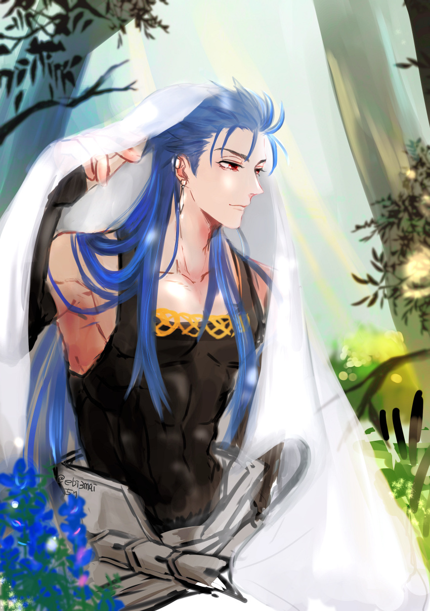 1boy abs absurdres armpits blue_hair chiritaros closed_mouth collarbone cu_chulainn_(fate)_(all) cu_chulainn_(fate/grand_order) detached_sleeves earrings fate/grand_order fate_(series) flower highres jewelry leaf long_hair male_focus muscular outdoors red_eyes skin_tight smile solo spiky_hair tank_top tree type-moon veil