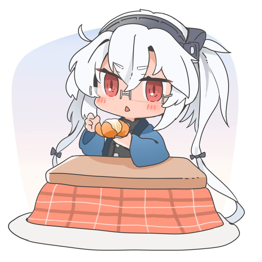 1girl absurdres chibi dark_skin dark-skinned_female food fruit full_body glasses hair_between_eyes happi highres japanese_clothes kantai_collection kotatsu looking_at_viewer mandarin_orange musashi_(kantai_collection) red_eyes short_hair_with_long_locks simple_background solo table triangle_mouth twintails white_background yunamaro