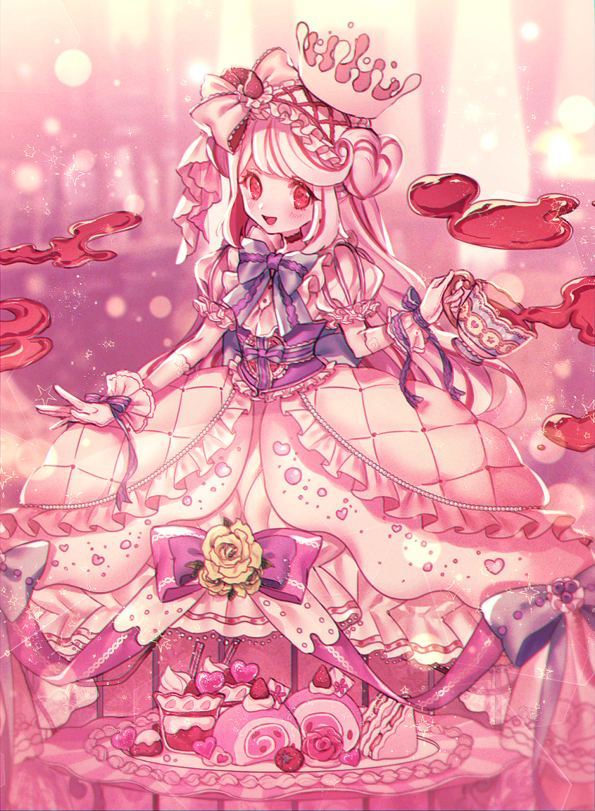 1girl alcremie bangs blush cake commentary_request cup dress food frills gen_8_pokemon gigantamax gigantamax_alcremie gloves hair_ornament highres holding liquid long_hair looking_at_viewer moe_(hamhamham) open_mouth personification pokemon red_eyes ribbon sash smile teacup tongue