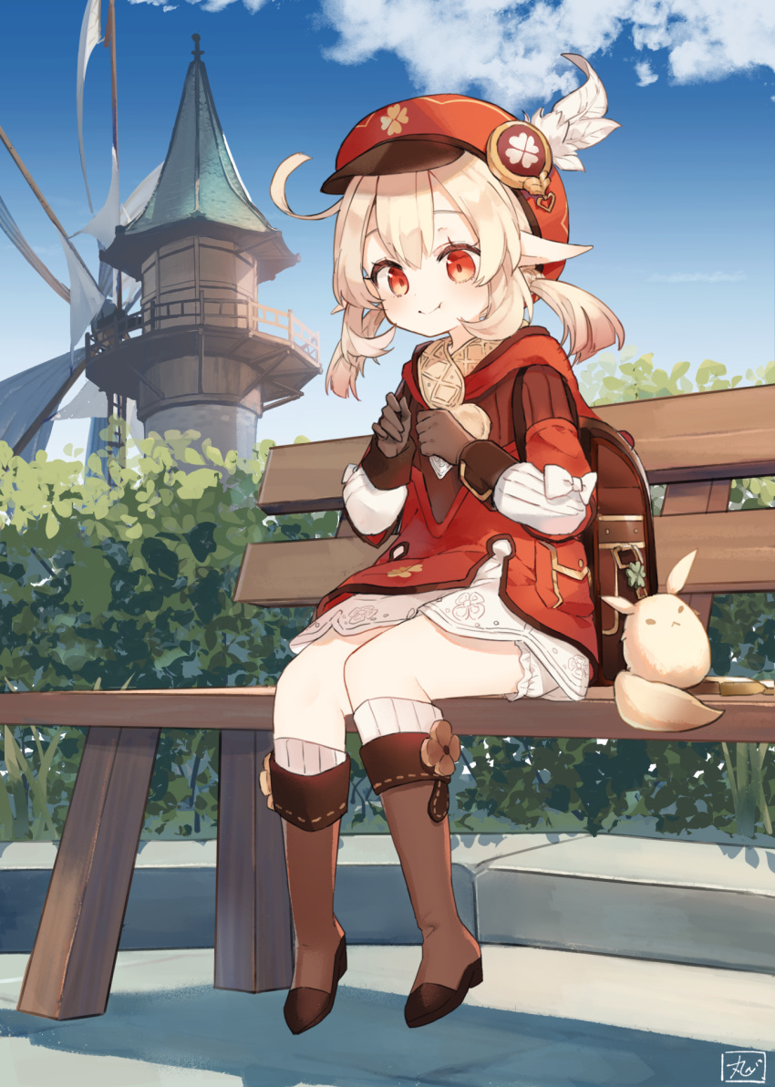 1girl backpack bag bangs bench blonde_hair boots brown_bag brown_footwear brown_gloves bush chibirisu clouds commentary_request day eyelashes feathers from_below genshin_impact gloves hat highres klee_(genshin_impact) long_sleeves outdoors pointy_ears red_eyes short_twintails sitting sky striped striped_legwear twintails windmill