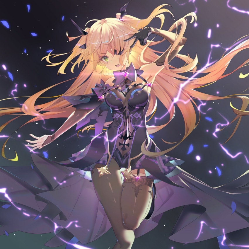 1girl bangs black_eyepatch bodystocking bow breasts brown_sleeves eyepatch fischl_(genshin_impact) garter_straps genshin_impact gloves green_eyes hair_over_one_eye highres long_hair looking_at_viewer purple_bow purple_neckwear single_glove single_thighhigh teddy_(khanshin) thigh-highs two_side_up