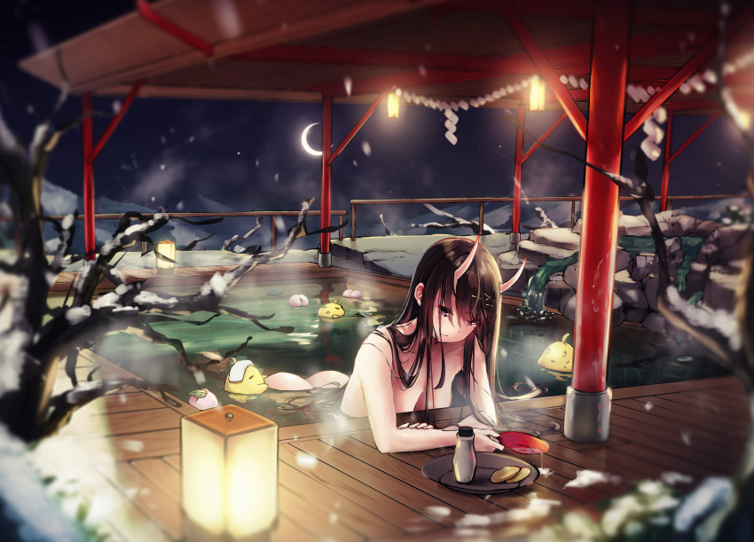 1girl amamami_prime azur_lane bath bathing black_hair bottle breasts commentary_request crescent_moon cup food fruit hair_ornament hairpin highres horns lantern long_hair looking_at_viewer medium_breasts moon moonlight night night_sky noshiro_(azur_lane) nude oni_horns onsen outdoors paper_lantern peach sakazuki sake_bottle skin-covered_horns sky snow snowing solo star_(sky) very_long_hair violet_eyes water