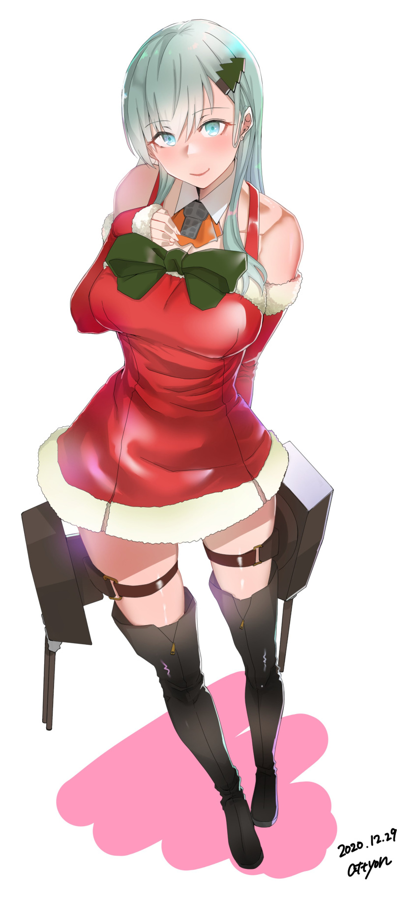 1girl absurdres aqua_eyes aqua_hair attyon bangs black_footwear blush boots bow bowtie breasts christmas_tree_hair_ornament detached_sleeves dress eyebrows_visible_through_hair from_above fur_trim green_neckwear hair_ornament hand_on_own_chest highres kantai_collection large_breasts long_hair red_dress rigging santa_costume simple_background smile solo standing suzuya_(kantai_collection) thigh-highs thigh_boots thigh_strap two-tone_background