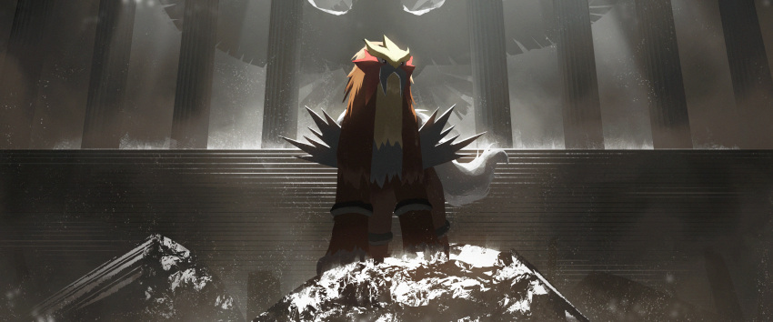 absurdres asteroid_ill commentary_request entei from_below gen_2_pokemon highres ho-oh huge_filesize legendary_pokemon looking_to_the_side no_humans pillar pokemon pokemon_(creature) ruins solo stairs