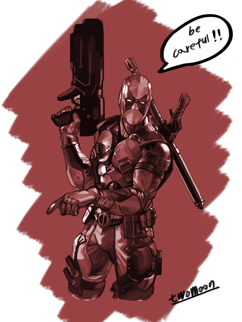1boy absurdres belt belt_pouch deadpool english_text gun highres holding holding_gun holding_weapon male_focus marvel mask pointing pouch red_theme scabbard sheath sheathed signature solo speech_bubble starcat sword weapon weapon_on_back