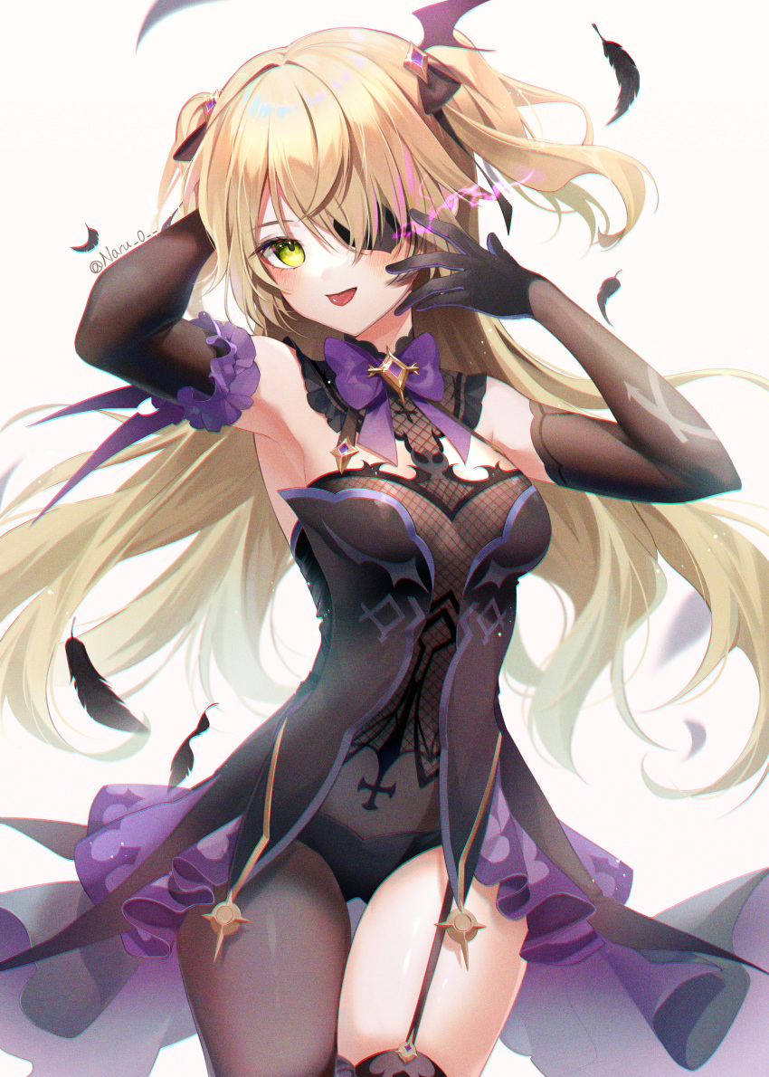 1girl absurdres arm_behind_head armpits arms_up artist_name bangs bare_shoulders black_dress black_gloves black_legwear blonde_hair bow bowtie breasts cowboy_shot detached_sleeves dress energy eyepatch feathers fischl_(genshin_impact) fishnets frills garter_straps genshin_impact gloves green_eyes hair_ornament hair_over_one_eye hair_ribbon highres huge_filesize leotard long_hair looking_at_viewer naru_0 purple_bow revealing_clothes revision ribbon simple_background single_leg_pantyhose single_thighhigh small_breasts solo standing thigh-highs thigh_gap thighs tongue tongue_out two_side_up white_background